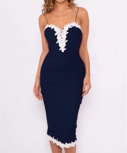 Sexy Women Dark Blue Backless Spaghetti Strap Slim Bodycon Strappy Backless V Neck Lace Flower Evening Party Ladies Midi Dress