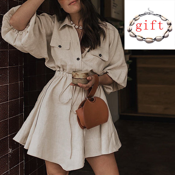 Vintage Women Mini Shirt Dress Casual Lantern Sleeve Short Sundress Turn-down Collar Lace Up Linen dress Sundress Female Dresses