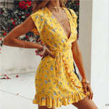 Boho Summer Dress Women Sexy Strappy Lace White Mini Dresses Female Ladies Beach V Neck Party Sundress Black Yellow Pink