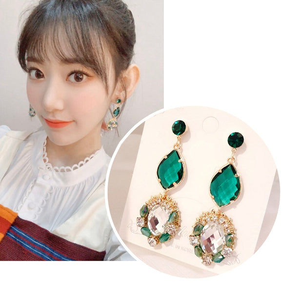 MENGJIQIAO Korean TV Star Vintage Green Crystal Oval Drop Earrings For Women Students Fashion Oorbellen Party Jewelry Gifts